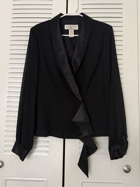 J.R. Nites Black Satin-Trim Ruffle Front Blouse Size 12